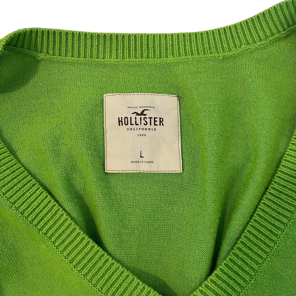 Hollister Womens Lime Green V-Neck Logo Sweater Large Cotton Blend‎ Y2K Spring - Picture 2 of 7